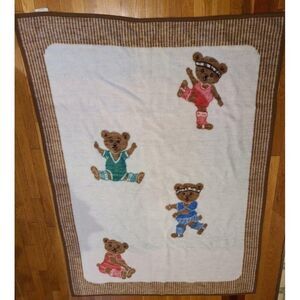 Vintage Biederlack Dancing Exercise Teddy Bear Throw Blanket Reversible 51 x 73